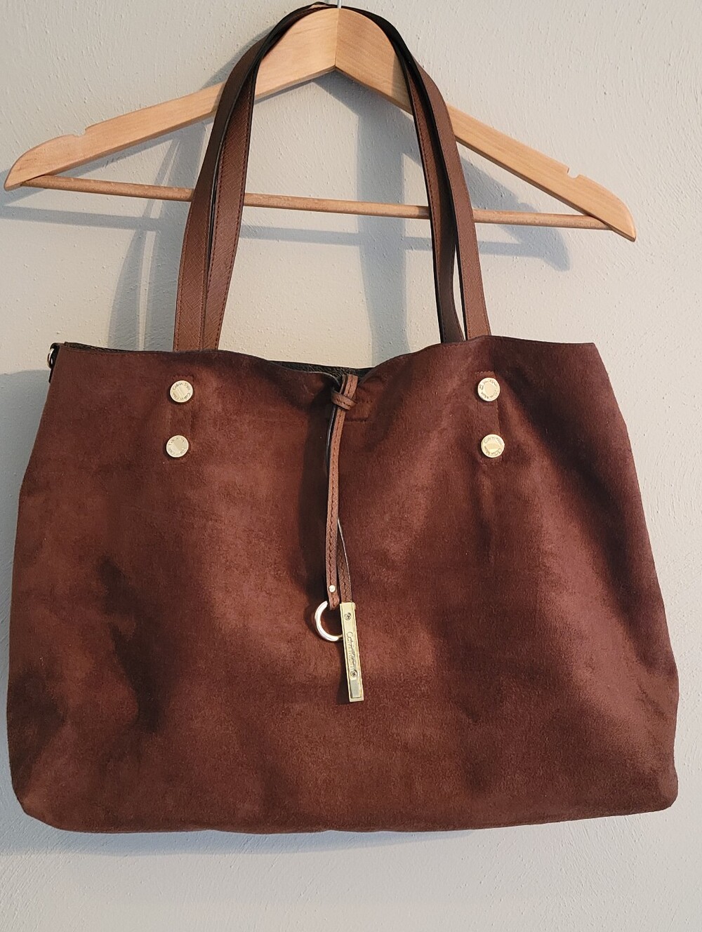 Calvin Klein Marlise REVERSIBLE Large Tote  Caramel/ Brown Faux Suede/Leather